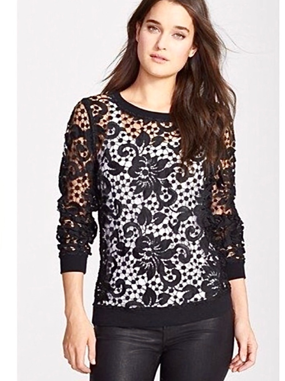 Chelsea28 Women’s Black Embroidered Lace Pullover Long Sleeve Top Size L NWOT